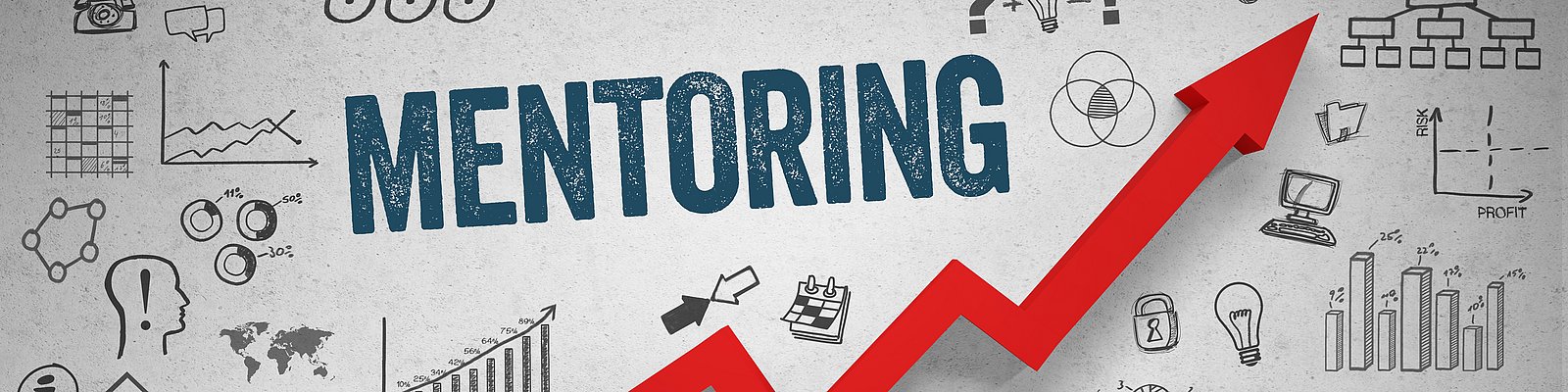 Schriftzug Mentoring mit rotem Pfeil nach oben