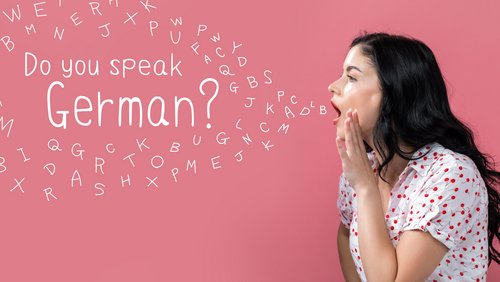 Frau mit Sprechblase "Do you speak German"