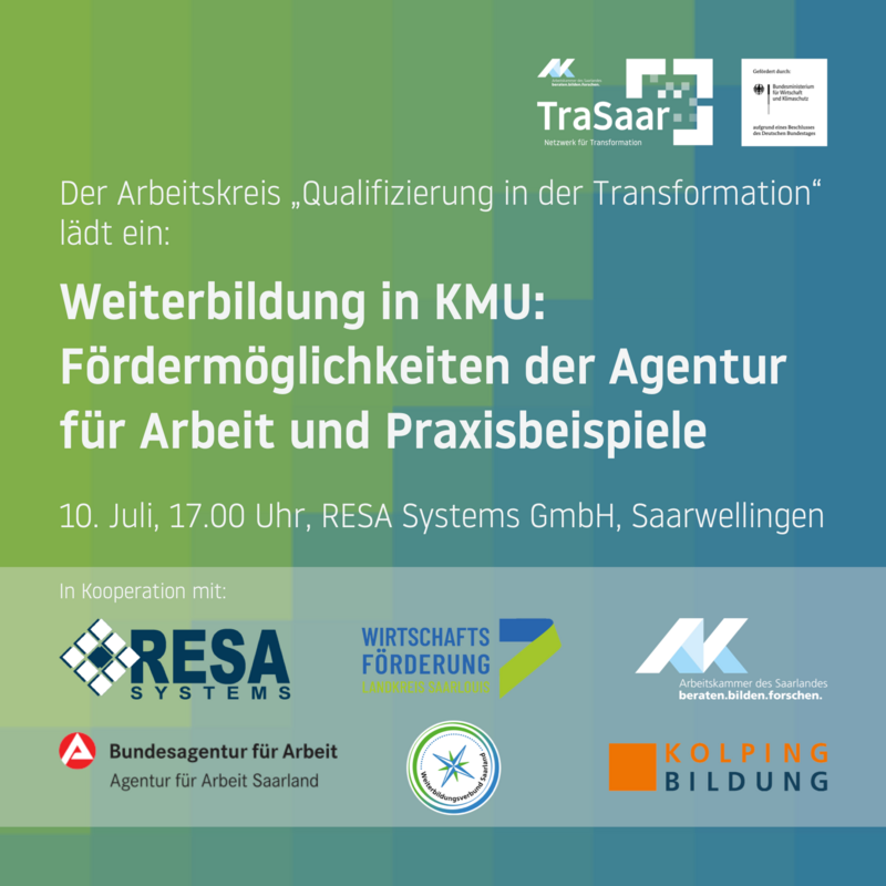 Ankündigungsplakat für die Veranstaltung am 10. Juli mit der Überschrift "Weiterbildung in KMU: Fördermöglichkeiten der Agentur für Arbeit und Praxisbeispiele"